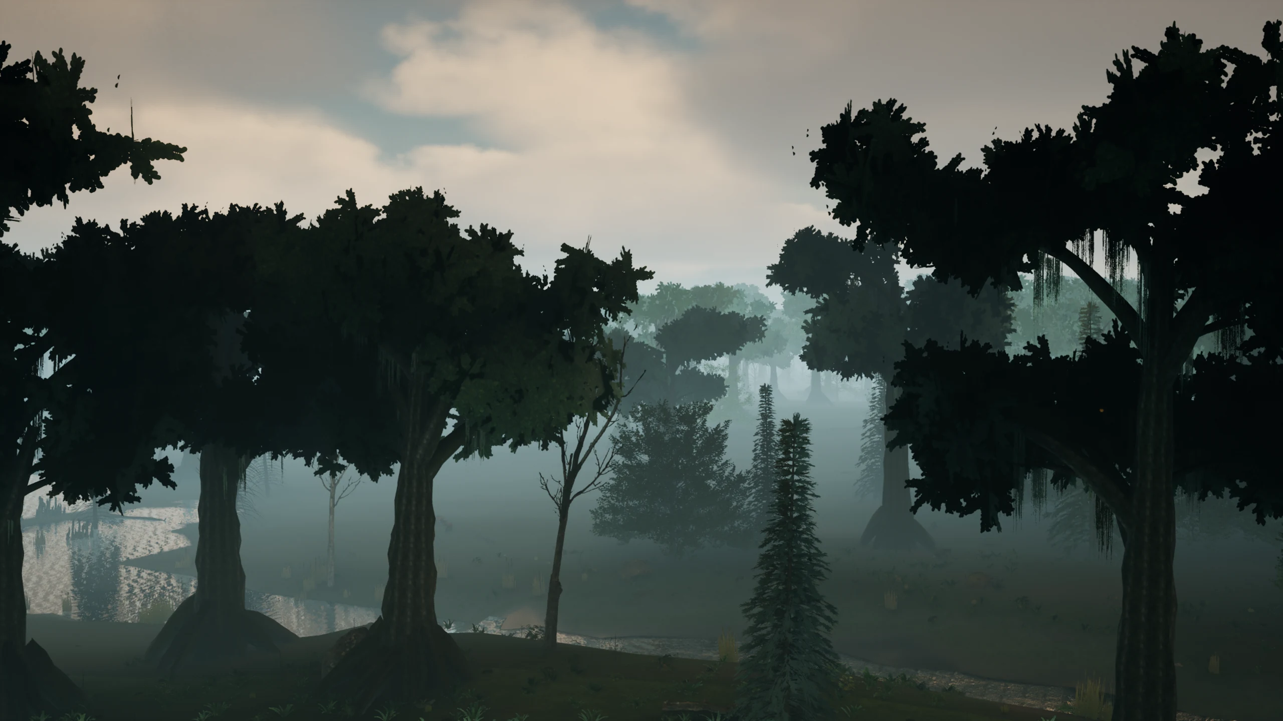 Late sun across the grassy ridges of the Windcarved Highlands, scattered pines in the foreground, a stone spire on the crest and forested valleys beyond.